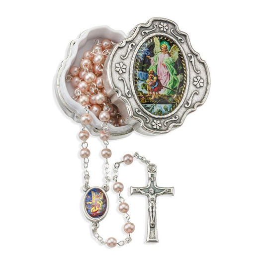Pink Pearl Bead Rosary in Metal Keepsake Box