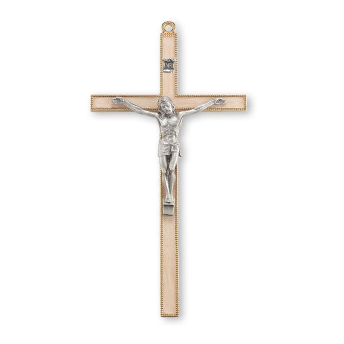 7" Gold Finish Pearlized Metal Cross with Fine Pewter Corpus