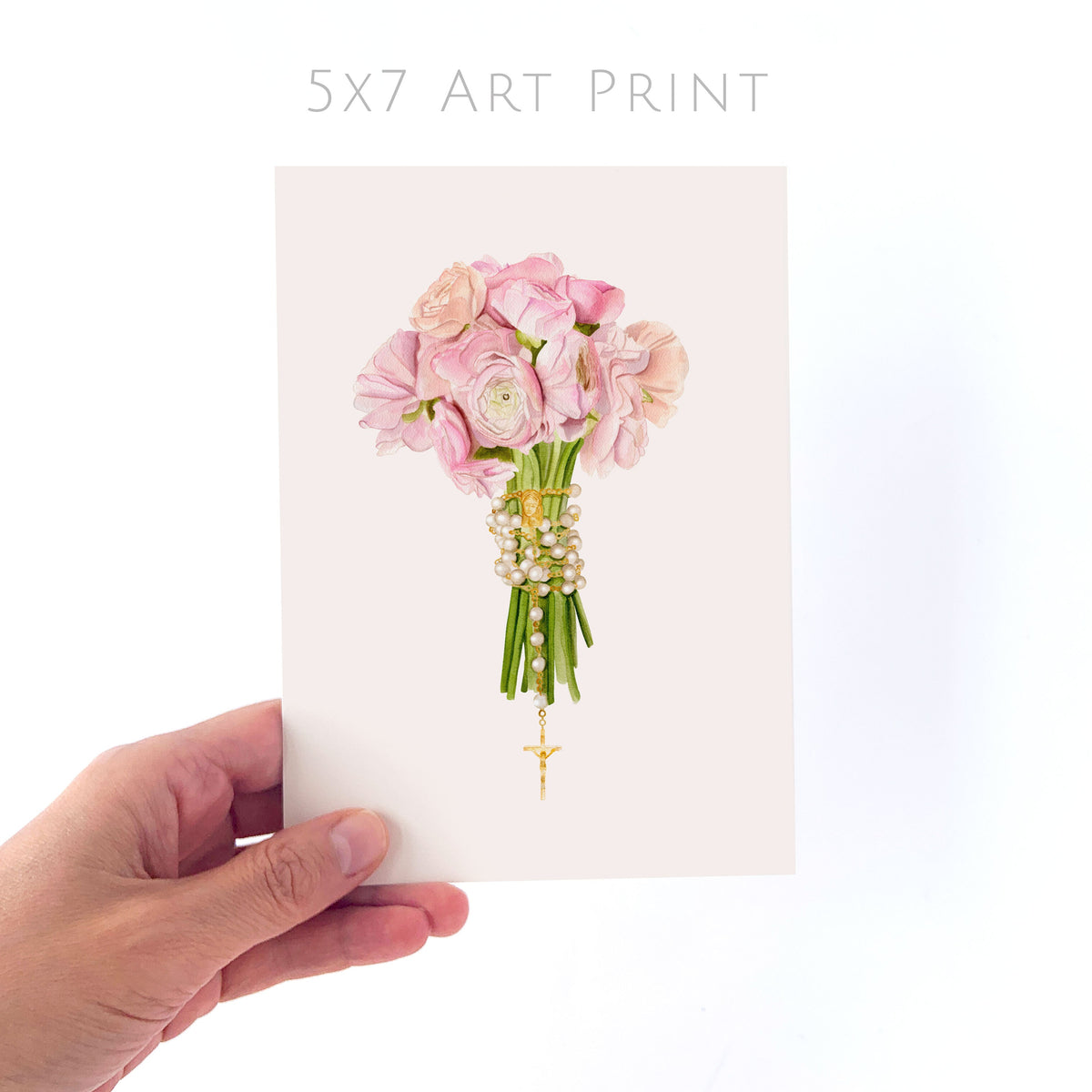 Rosary + Pink Ranunculus Flowers | Art Print